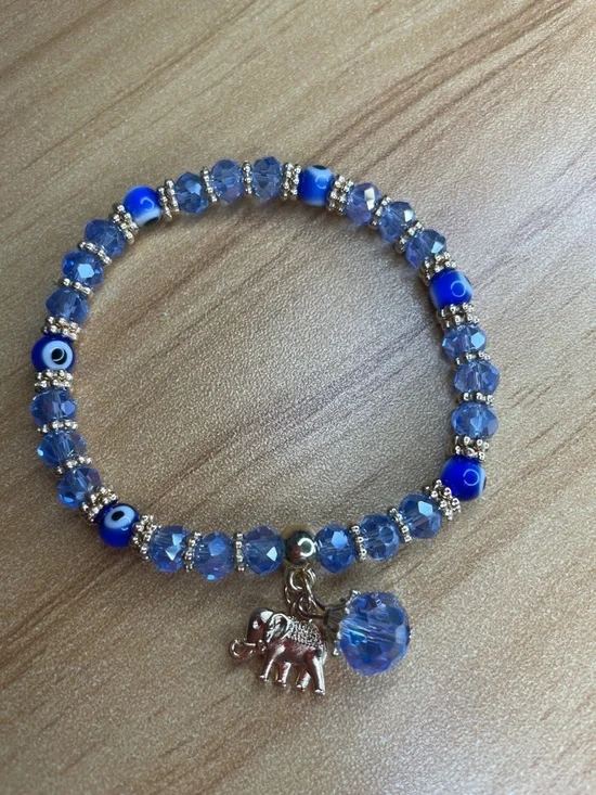 Blue Glass Evil Eye Protection Beaded Bracelet with Elephant Charm- - Picture 1 of 1